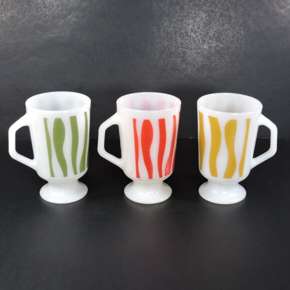 Fire KIng Other - 3 Vintage AH Fire King Milk Glass Coffee Mugs - Pedestal Base - Wavy Lines